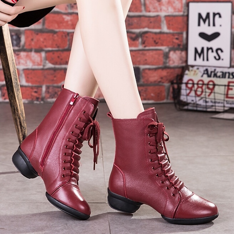 Women's Red Lace-Up Leather Dance Boots with Side Zipper, Comfortable and Stylish for Various Dance Styles, Perfect for Performances and Rehearsals4