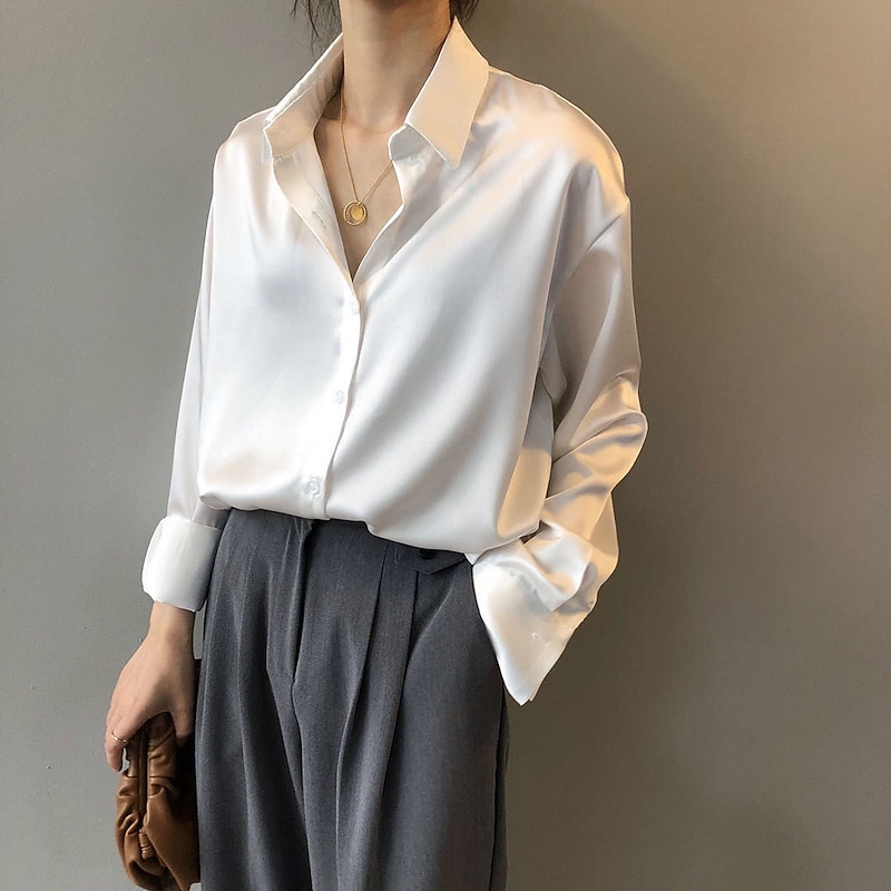 Women's Satin Elegant Dressy Shirt Blouse Women's Black White Green Solid / Plain Color Button Office Daily Fashion Shirt Collar Regular Fit S4