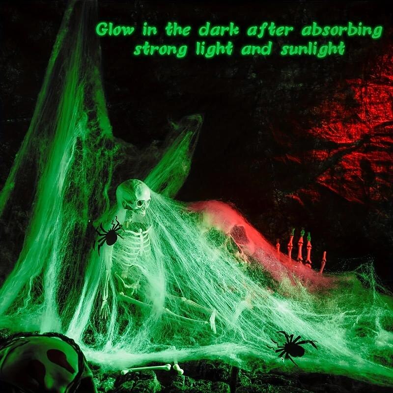 Glow In The Dark Spider Web Halloween Fake Spider Web White Stretch Spider Webs Halloween Decoration Cobwebs for Creepy Halloween Home and Party Indoor and Outdoor Decor2
