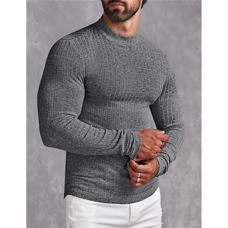 Men's T Shirt Tee Top Long Sleeve Shirt Long Sleeve Stand Collar Spring &  Fall Plain Pit Strip Fashion Designer Basic Knitted Ribbed Vacation Street Going out Light Grey Top Tee for Men4