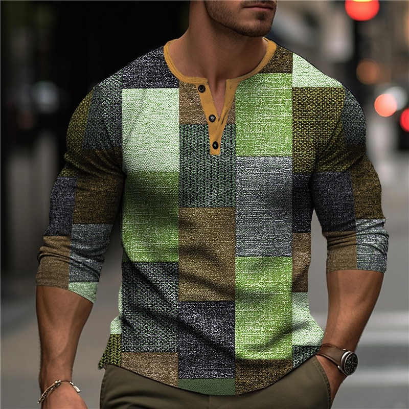 Men's Graphic Plaid Color Block Henley Shirt Waffle T Shirt Long Sleeve 3D Print Fashion Designer Casual Sports Outdoor Holiday Festival Spring &  Fall Blue Orange Green Gray Henley Henley T-Shirt2