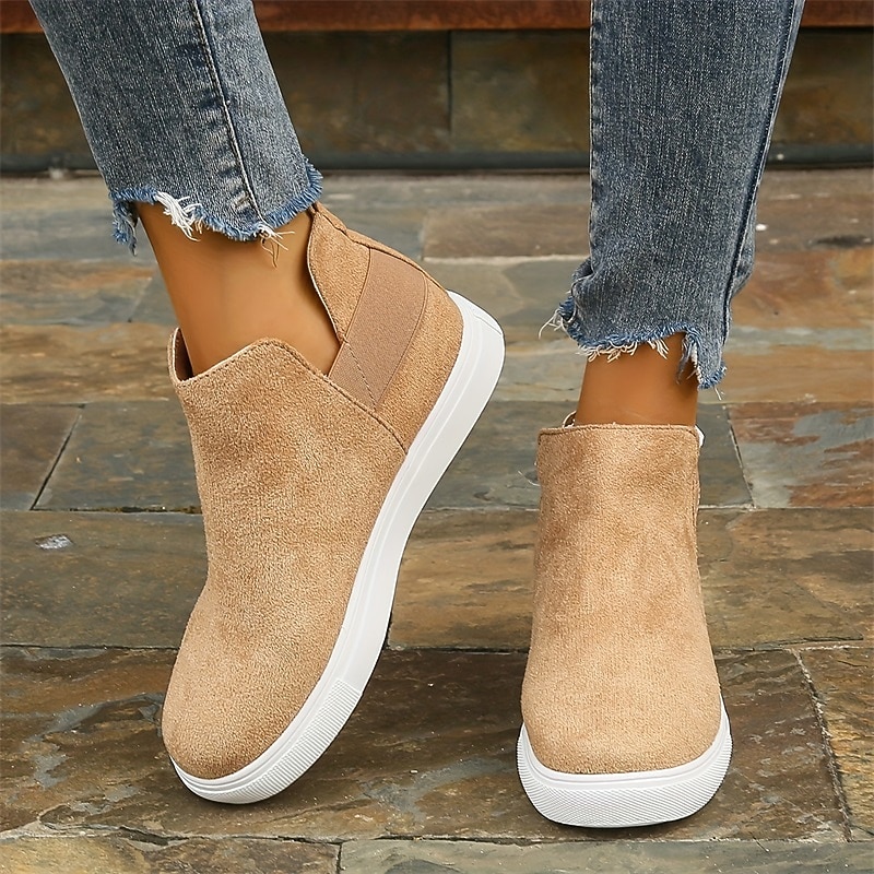 Women's Tan Suede Slip-On Sneakers with Elastic Side Panels – Casual Comfortable Shoes for Everyday Wear