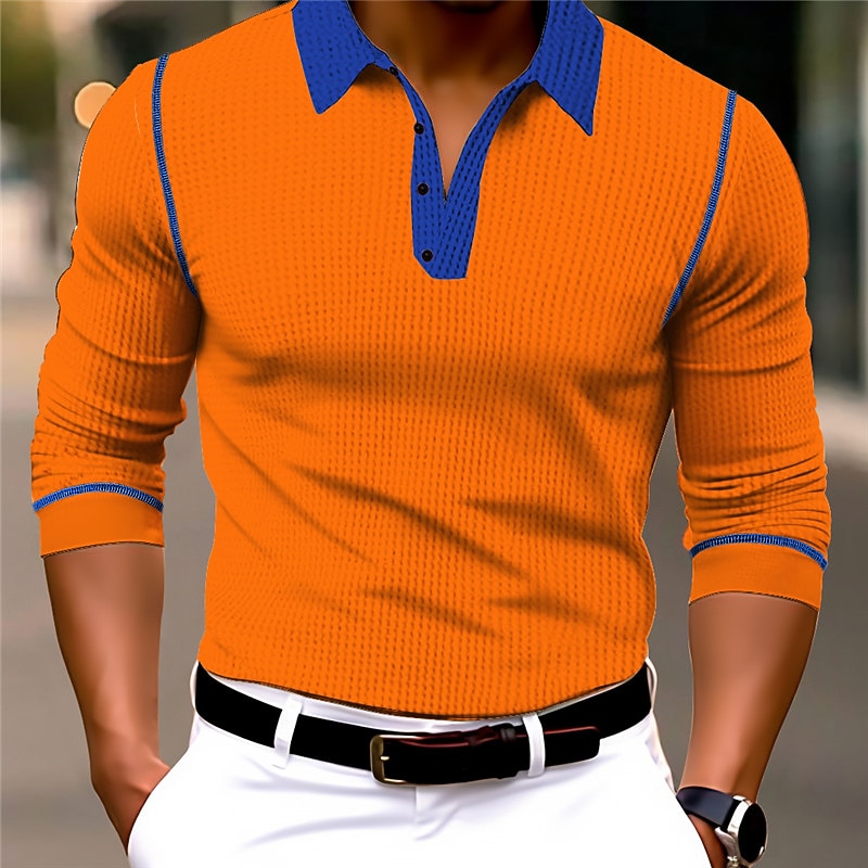 Men's Button Up Polos Polo Shirt Casual Sports Lapel Long Sleeve Fashion Basic Color Block Button Spring &  Fall Regular Fit White Red Orange Brown Dark Blue Button Up Polos2