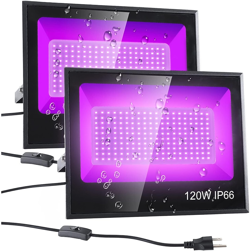 LED Black Lights 1-2 Pack of 30W 60W 120W UV Floodlight 395nm-405nm IP66 Waterproof High-power Black Light Plug with Switch (59in) for Parties Stages UV Resin Curing Paint for Halloween2