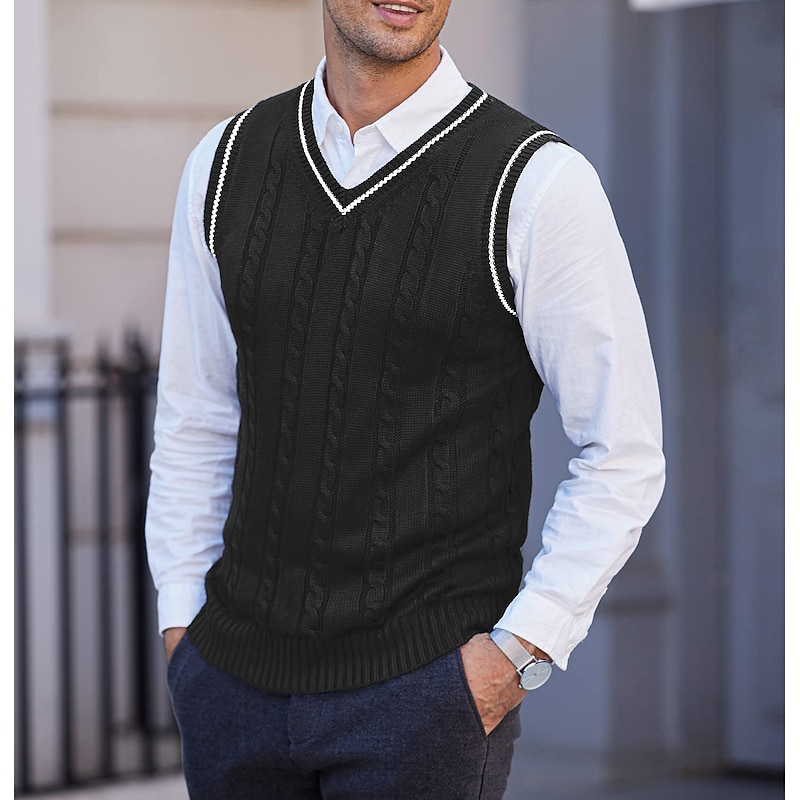 Men's Sweater Vest Pullover Sweater Jumper Cable Knit Layered Glitter Solid Color V Neck Ethnic Style Vintage Style Daily Drop Shoulder Winter Fall Black Blue S M L3