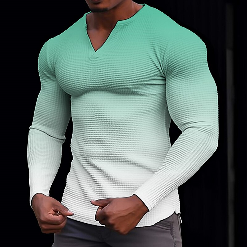 Men's T Shirt Henley Shirt Waffle Knit Tee Tee Top Long Sleeve V Neck Spring &  Fall Gradient Fashion Designer Basic Vacation Street Going out Black Blue Orange Top Tee for Men