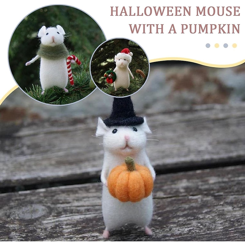 Halloween Mouse with Pumpkin, Christmas Mouse with a Gift,Cute Felt Mouse Ornament Needle Felting Mouse, Birthday Mouse, Needle Felting Kit, No Finished DIYKit Pack, Needle Felting Miniature3