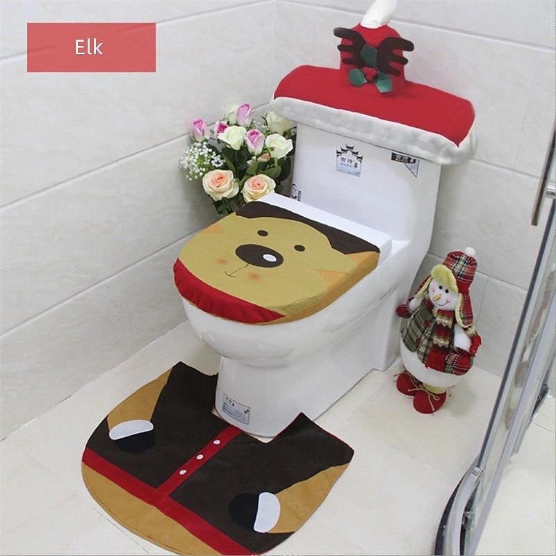 3pcs/ Set Christmas Santa Theme Bathroom Decoration, Includes Toilet Seat Cover, Rugs, Water Box Cover And Toilet Paper Box Cover Christmas Decoration3