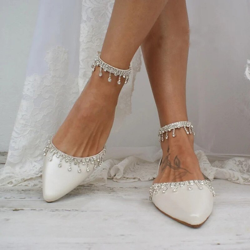 Women's White Wedding Flats – Elegant Bridal Shoes with Rhinestone Ankle Straps for Brides and Formal Events4