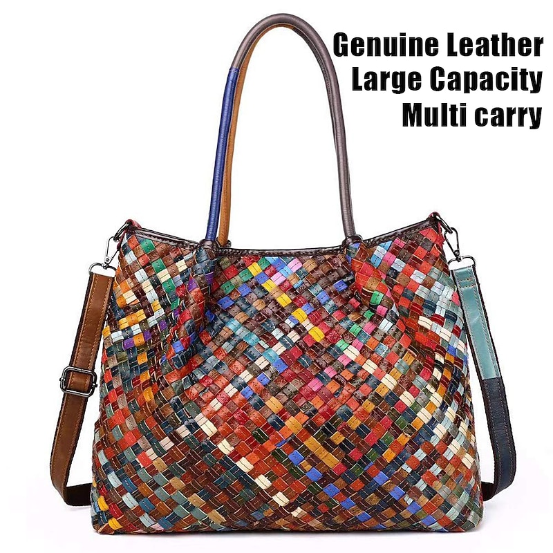Women's Multicolor Woven Leather Tote Bag with Dual Straps and Boho Patchwork Style, Large Shoulder Handbag for Travel, Art Events, and Casual Daily Use