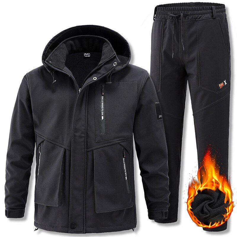 Men's Sport Set Winter Jacket Thermal Pants Thermal Set Spandex Winter Outdoor Thermal Warm Waterproof Windproof Winter Fleece Jacket Black Army Green Grey