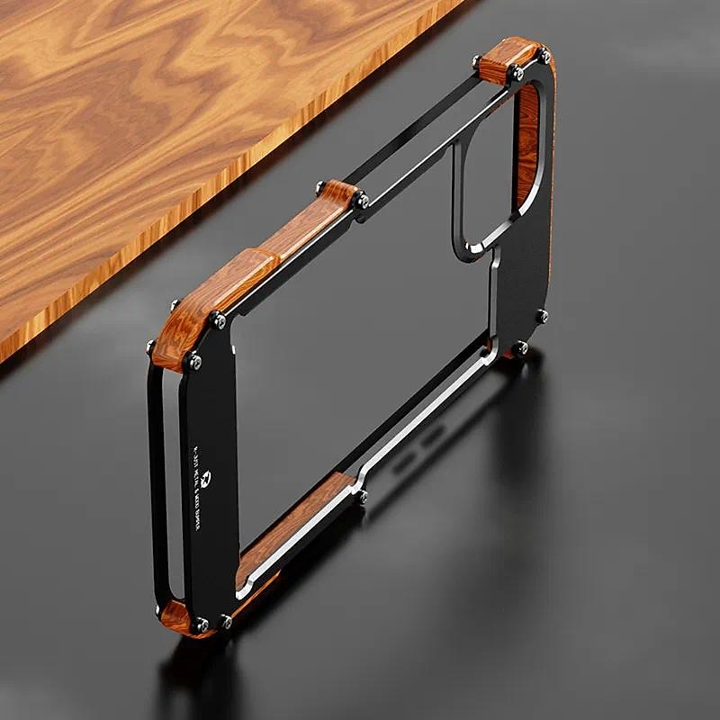 Phone Case For iPhone 15 14 Pro Max Plus 13 12 11 Pro Max Bumper Frame 4 Corners Protection Solid Color Wooden Aluminum Alloy2