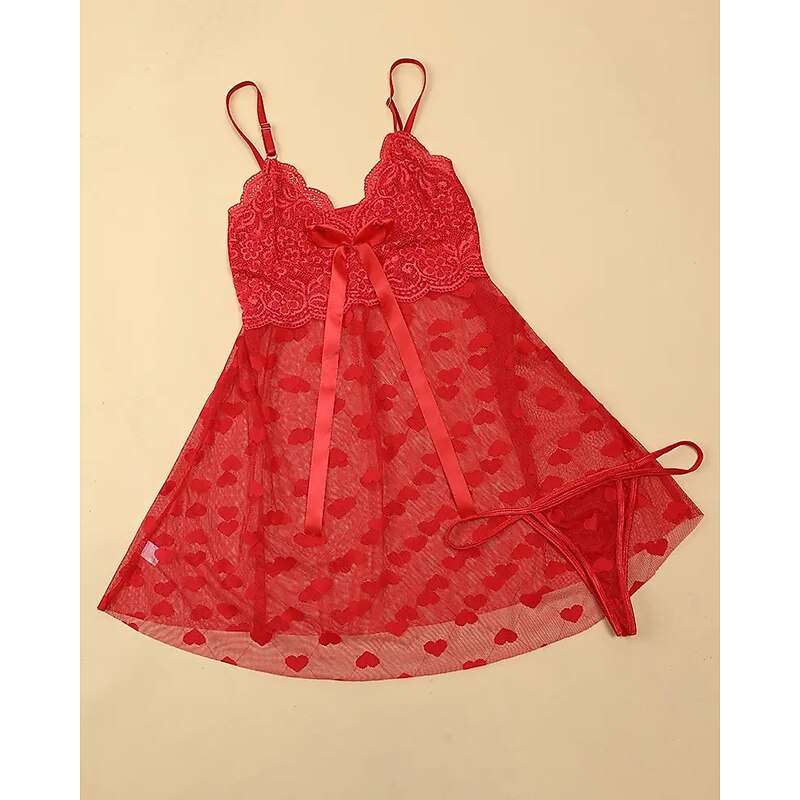 Women's Valentine Night Dress Sexy Lingerie Lace Slip Dress Mini Dress Hollow Out Heart V Neck Lounge Red Home Outfits Date Night Outfit4