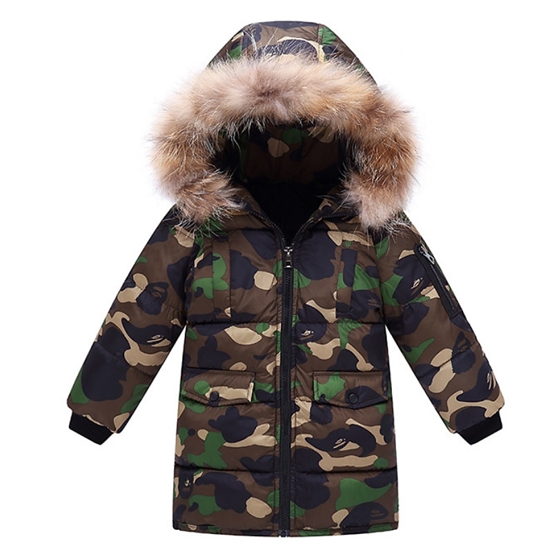 Kids Boys Down Coat Outerwear Solid Color Camo Long Sleeve Coat Outdoor Cool Daily Black Camouflage Fall Winter 7-13 Years2