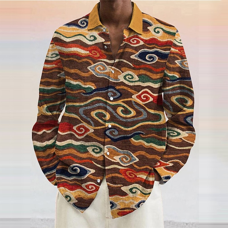 Men's Tribal Ethnic Bandana Print Shirt Button Up Shirt Long Sleeve Vintage Tribal Outdoor Street Casual Daily Fall & Winter Turndown Buttons Print Yellow Purple Orange Brown3