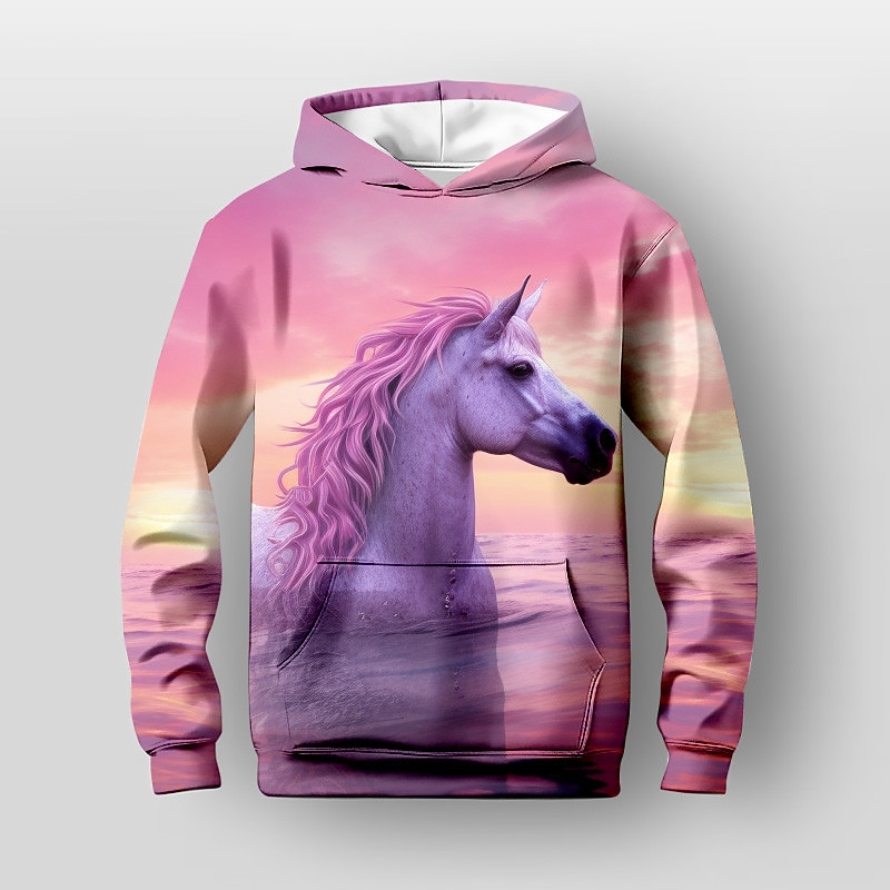 Girls' 3D Unicorn Scenery Hoodie Pullover Long Sleeve 3D Print Fall Winter Active Fashion Cute Kids 3-12 Years 4-12 Years Outdoor Casual Daily Regular Fit4