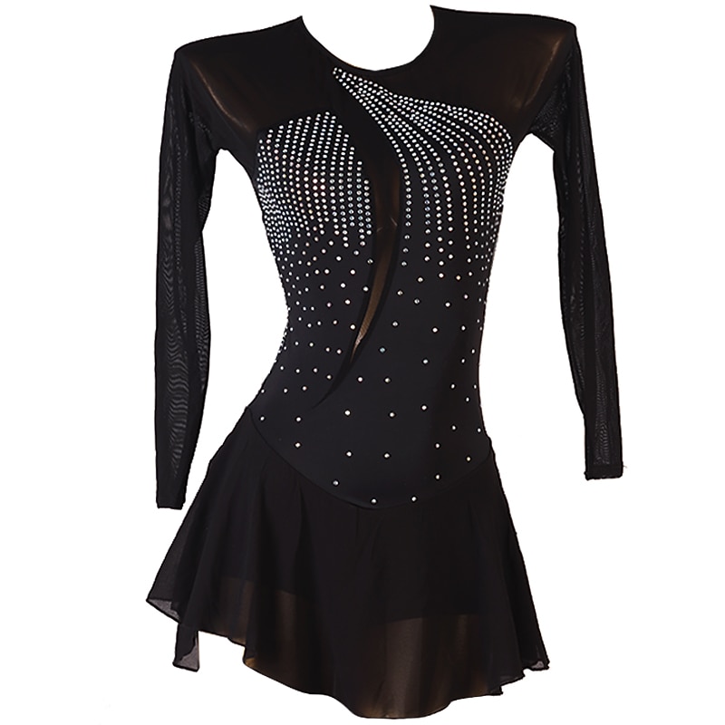 Figure Skating Dress Women's Girls' Ice Skating Dress Black Royal Blue Patchwork Open Back Mesh High Elasticity Training Competition Skating Wear Classic Long Sleeve Ice Skating Figure Skating