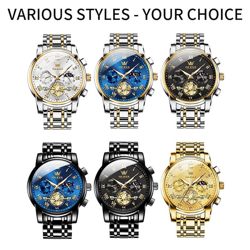 OLEVS Men Quartz Watch Fashion Casual Wristwatch Moon phase Luminous Calendar Chronograph Stainless Steel Watch2