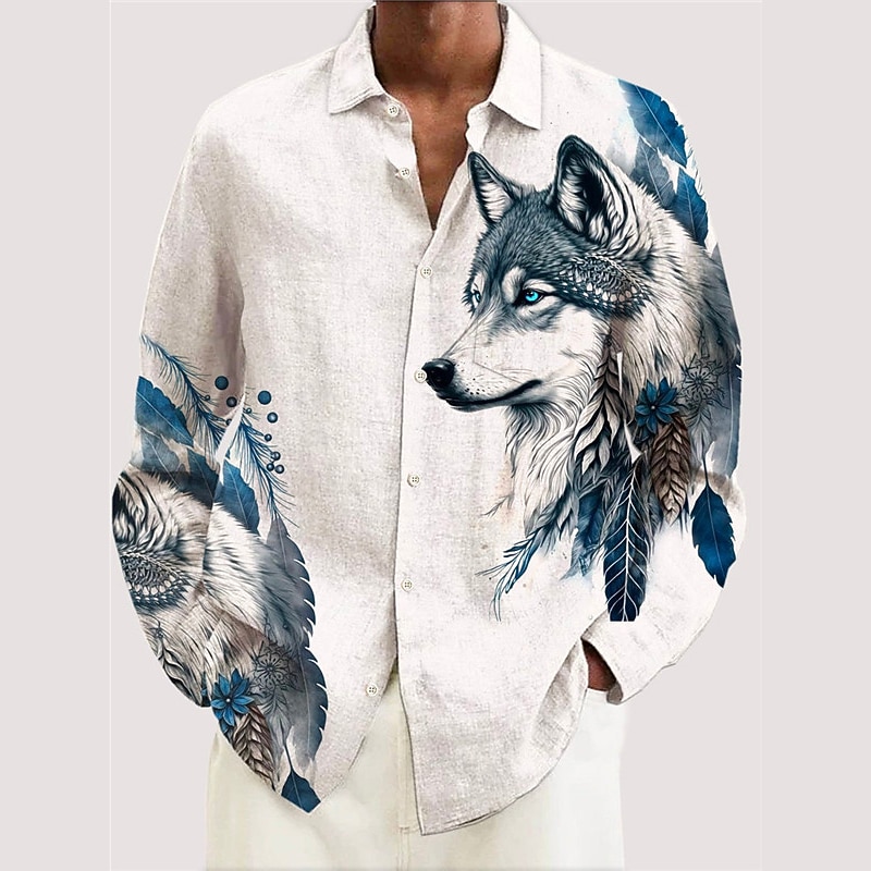 Men's Wolf Shirt Button Up Shirt Long Sleeve Vintage Abstract Outdoor Street Casual Daily Fall & Winter Turndown Buttons Print White