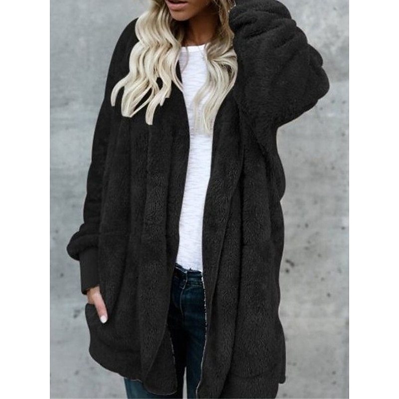 Women's Fleece Jacket Sherpa Jacket Teddy Coat Outdoor Street Daily Fall Winter Coat Regular Fit Windproof Warm Comtemporary Stylish Plush Jacket Long Sleeve Plain with Pockets Oversize Lotus Black2