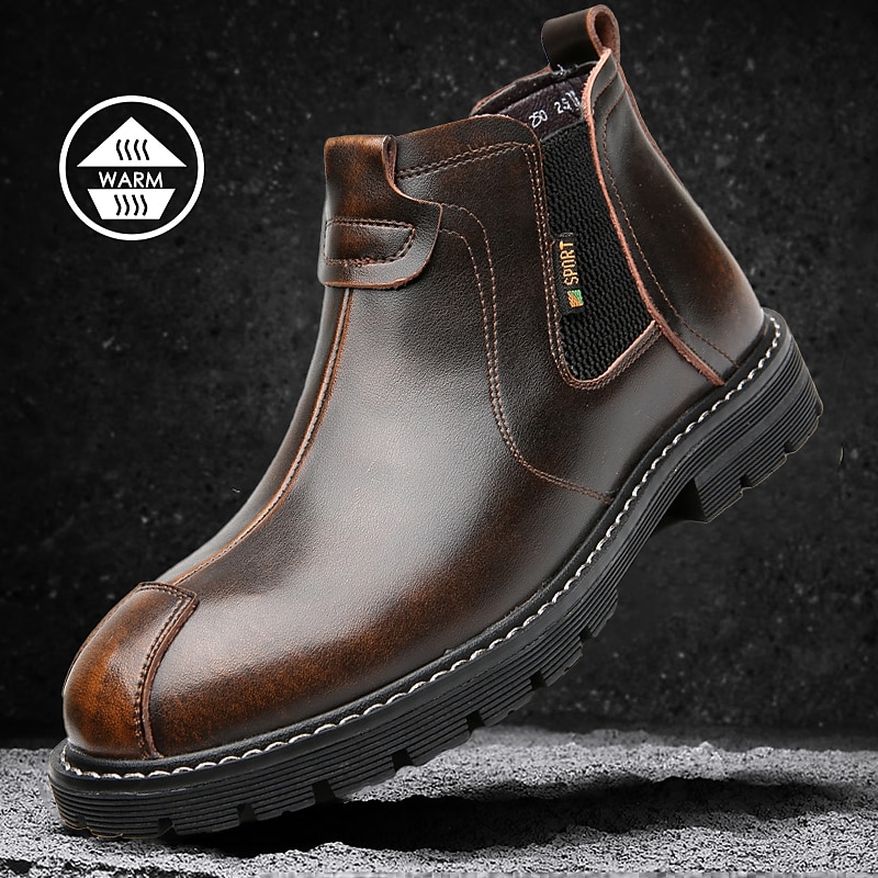 Men's Faux Leather Winter Ankle Boots with Fur Lining – Warm Slip-On Chelsea Style Shoes for Casual and Outdoor Wear