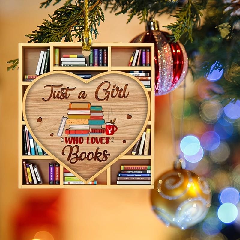 Christmas Tree Decor, 2D Acrylic Square Heart Bookshelf Pendant, Library Bookshelf Heart Ornament, Room Decorations4