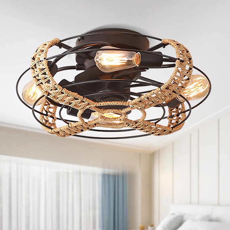 Ceiling Fan with Light and Remote 20 Cage Low Profile Bladeless Farmhouse Flush Mount Boho Ceiling Fans Light Enclosed Industrial Ceiling Fan 6 Speed Reversible with 4 Bulbs.