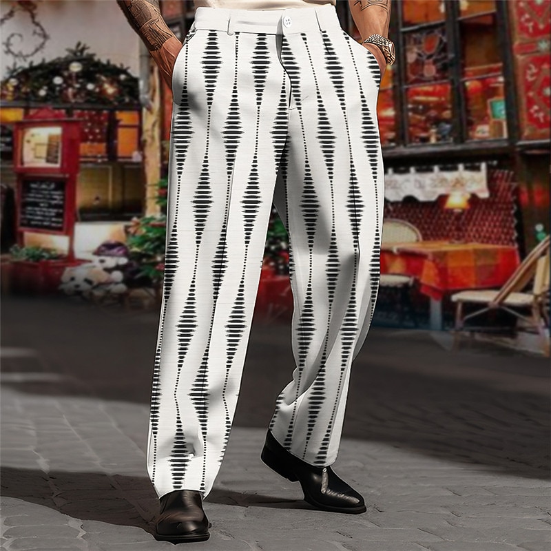 Geometry Business Men's 3D Print Pants Trousers Outdoor Street Wear to work Polyester Black White Brown S M L High Elasticity Pants