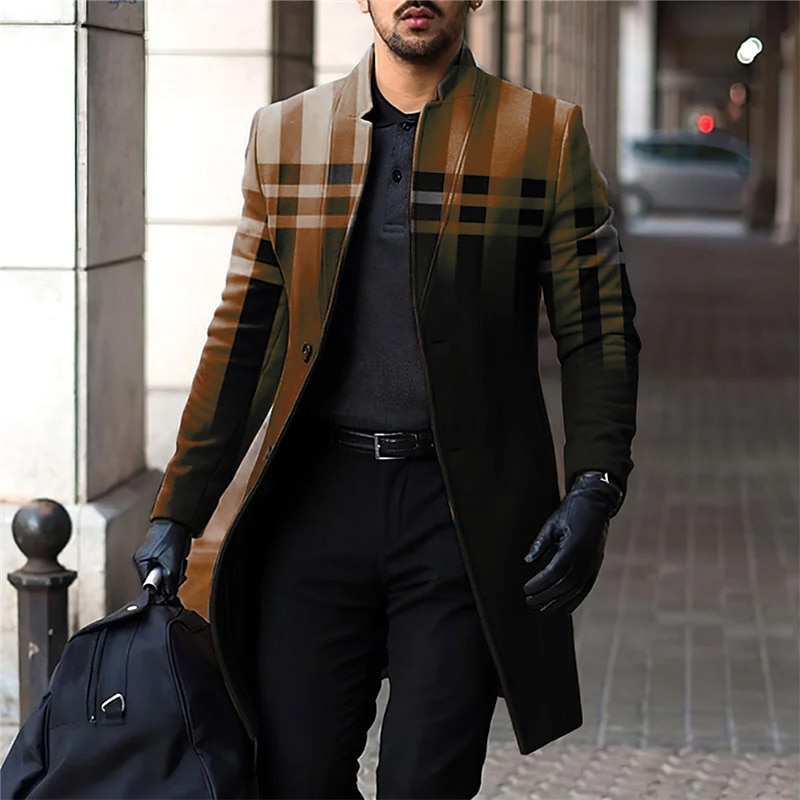 Men's Plaid Winter Coat Overcoat Coat Warm Comfortable Breathable Business Casual Work Wear to work Going out Pocket Print Fall & Winter Stand Collar Long Sleeve Blue Brown Gray2