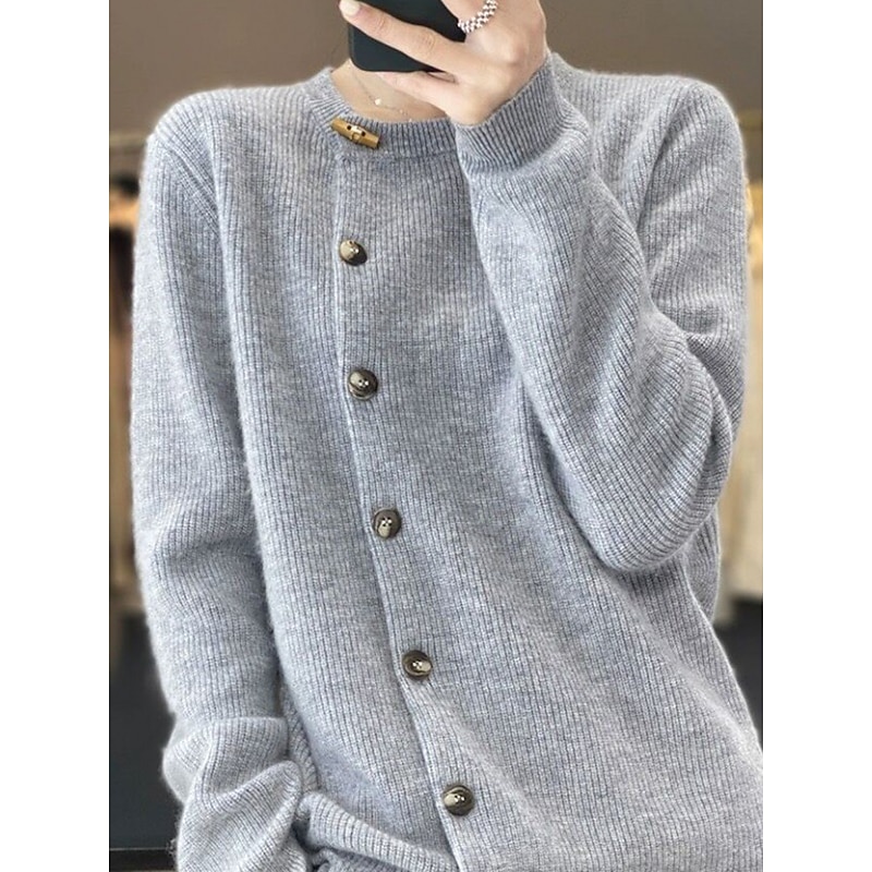 Women's Cardigan Sweater Stylish Casual Soft Solid Color Ribbed Crew Neck Patchwork Buttons Long Sleeve Regular Tops Knit Daily Going out Weekend Black Beige Fall Winter3