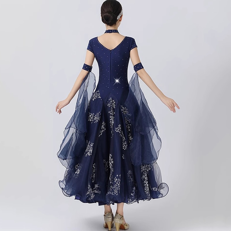 Ballroom Dance Dress Printing Splicing Crystals / Rhinestones Women's Performance Party Sleeveless Mesh Spandex Organza2