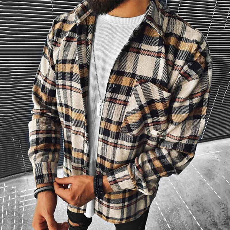 Men's Shirt Flannel Shirt Plaid Shirt Button Up Shirt Overshirt Shacket Plaid / Check Outdoor Daily Wear Black Yellow Red Khaki Long Sleeve Lapel Fall & Winter Clothing Apparel4
