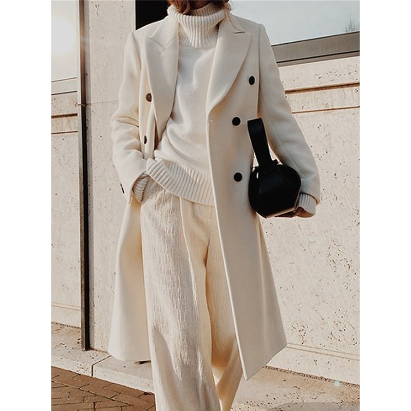 Women's Overcoat Long Pea Coat Double Breasted Lapel Trench Coat Windproof Warm Winter Coat with Pockets Fall Stylish Contemporary Modern Jacket Long Sleeve White Khaki4