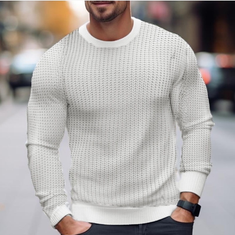 Men's Pullover Sweater Jumper Ribbed Crochet Knit Regular Knitted Plain Crew Neck Modern Contemporary Work Daily Wear Clothing Apparel Winter White Pink S M L2