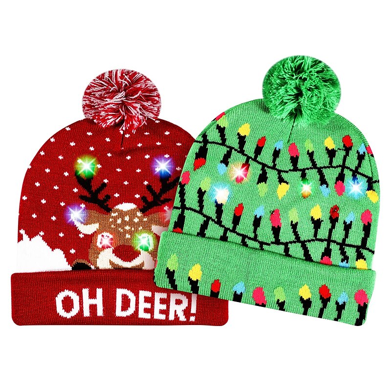 2 Pack LED Christmas Hat Light Up Christmas Hat Unisex Knitted Beanie Holiday Hat with Reindeer Christmas Tree Printing for Party3