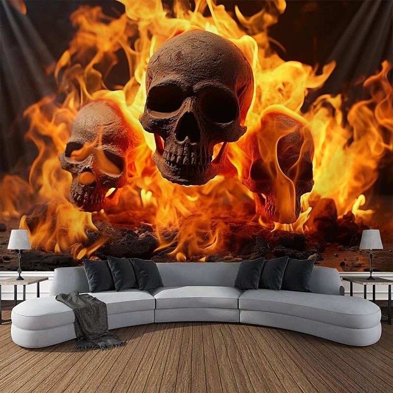 Halloween Fire Skulls Hanging Tapestry Wall Art Large Tapestry Mural Decor Photograph Backdrop Blanket Curtain Home Bedroom Living Room  Decorations4