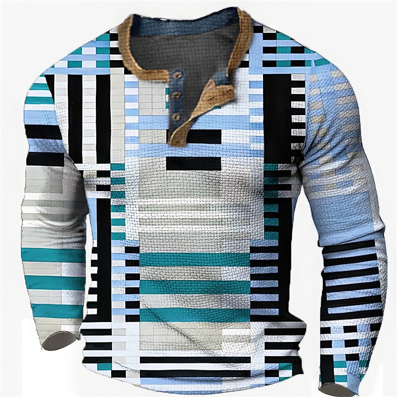 Men's Graphic Geometic Henley Shirt Waffle T Shirt Long Sleeve 3D Print Fashion Designer Casual Sports Outdoor Holiday Festival Spring &  Fall Blue Green Khaki Gray Henley Henley T-Shirt3