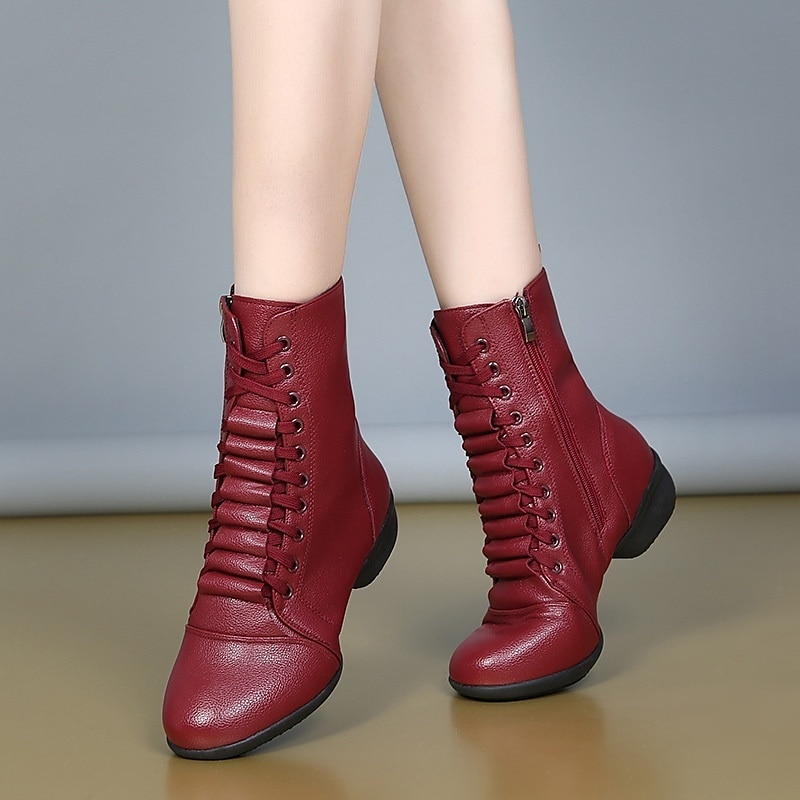 Women's Red Lace-Up Leather Dance Boots with Side Zipper, Comfortable and Stylish for Various Dance Styles, Perfect for Performances and Rehearsals2