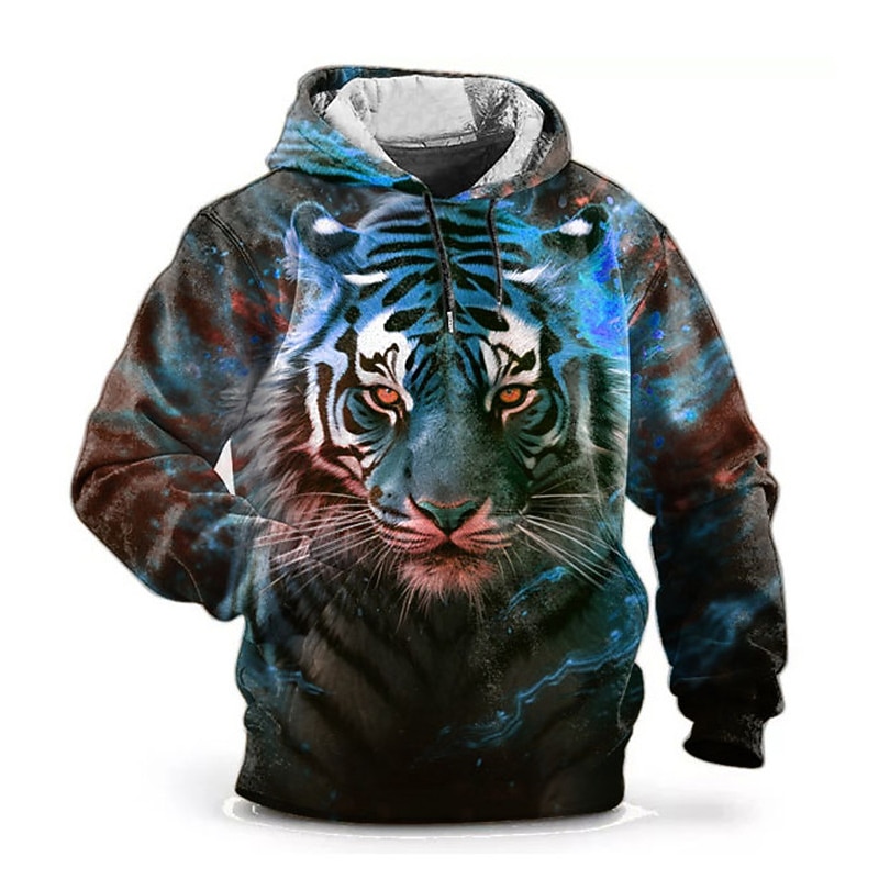 Men's Graphic Animal Tiger Hoodie Hoodies Sweatshirt Fashion Daily Long Sleeve Hooded Vacation Sports Outdoor Holiday Red Blue Print Front Pocket Spring &  Fall Designer3