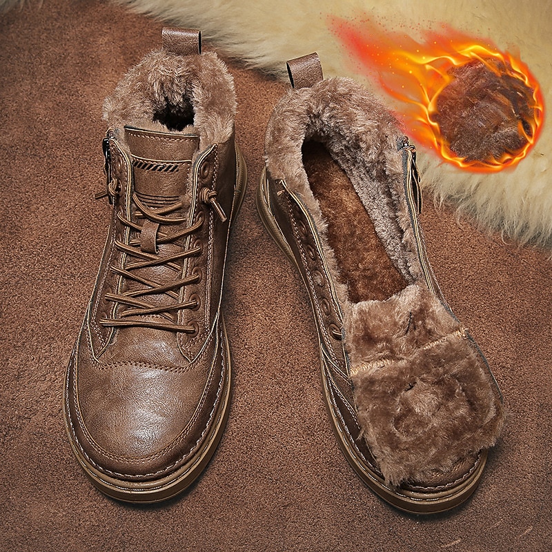 Men's Brown Faux Leather Winter Boots with Fur Lining and Side Zipper – Warm Lace-Up Ankle Boots for Cold Weather2