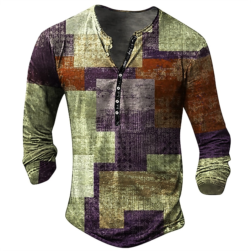 Men's Graphic Patchwork Henley Shirt Long Sleeve 3D Print Fashion Daily Casual Casual Holiday Going out Spring &  Fall Blue Brown Green Dark Blue Henley Henley T-Shirt2