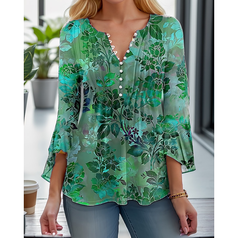 Women's T Shirt Henley Blouse Fashion Floral Buttons Print 3/4 Length Sleeve Regular Tops Round Neck Casual Holiday Red Blue Purple Green Spring &  Fall4