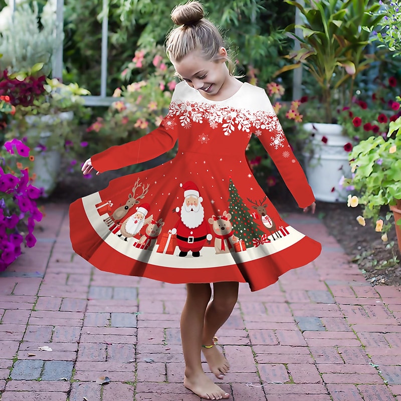 Girls' 3D Santa Claus Elk Christmas Dress Dress Snowflake Dress Long Sleeve 3D Print Fall Winter Vacation Sports & Outdoor Daily Cute Casual Beautiful Kids 3-12 Years Casual Dress A Line Dress Above2