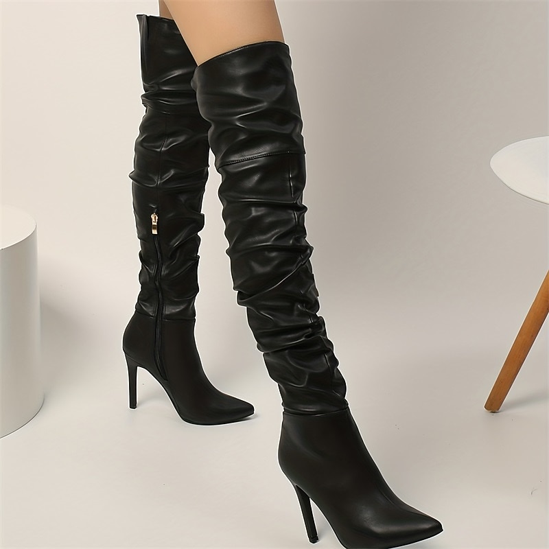 Women's Black Over-the-Knee Stiletto Heel Boots with Side Zipper, Sleek Sexy Style for Evening Wear and Parties2