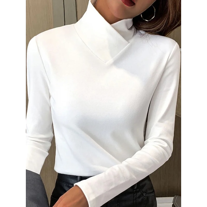 Women's T Shirt Dressy Tops Plain Fashion Long Sleeve V Neck Regular Tops Valentine's Day Daily Weekend Black White Pink Blue Brown Fall & Winter