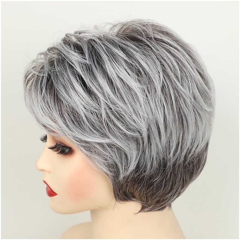 Grey Pixie Cut Wigs for Women Short Mixed Gray Wig with Bangs Layered Natural Synthetic Wig Old Lady Grey Wig for Daily Cosplay