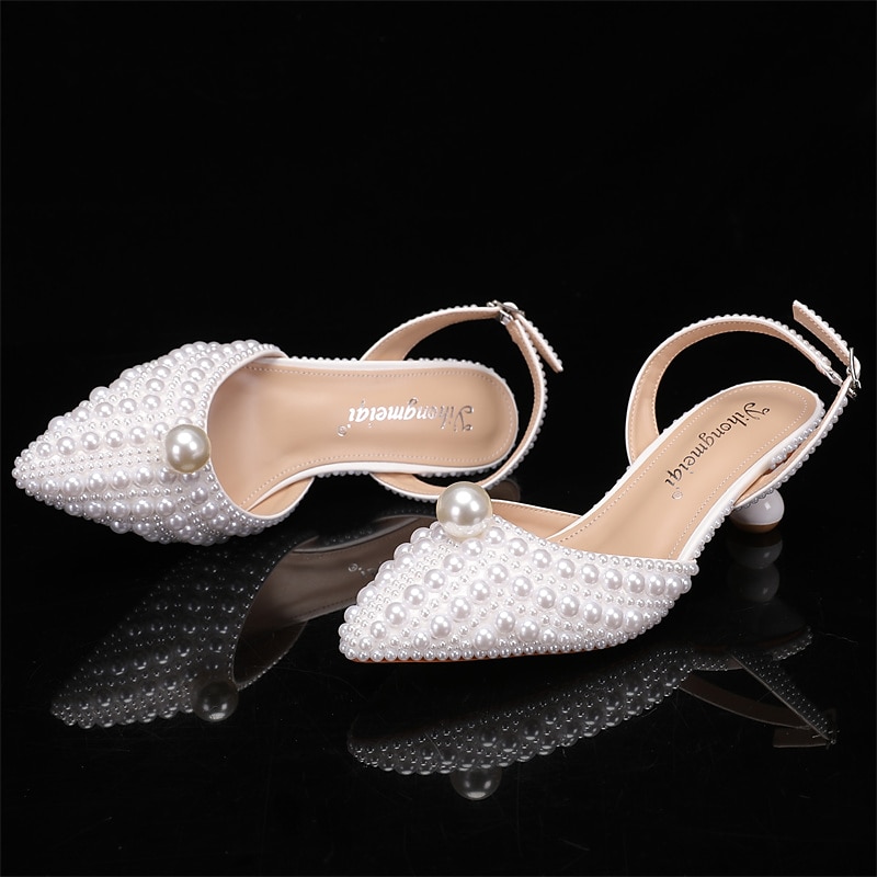Wedding Shoes for Bride Bridesmaid Women Closed Toe Pointed Toe White Beige PU Pumps Sandals with Imitation Pearl Sculptural Heel Low Heel Wedding Party Valentine's Day Elegant Luxurious3