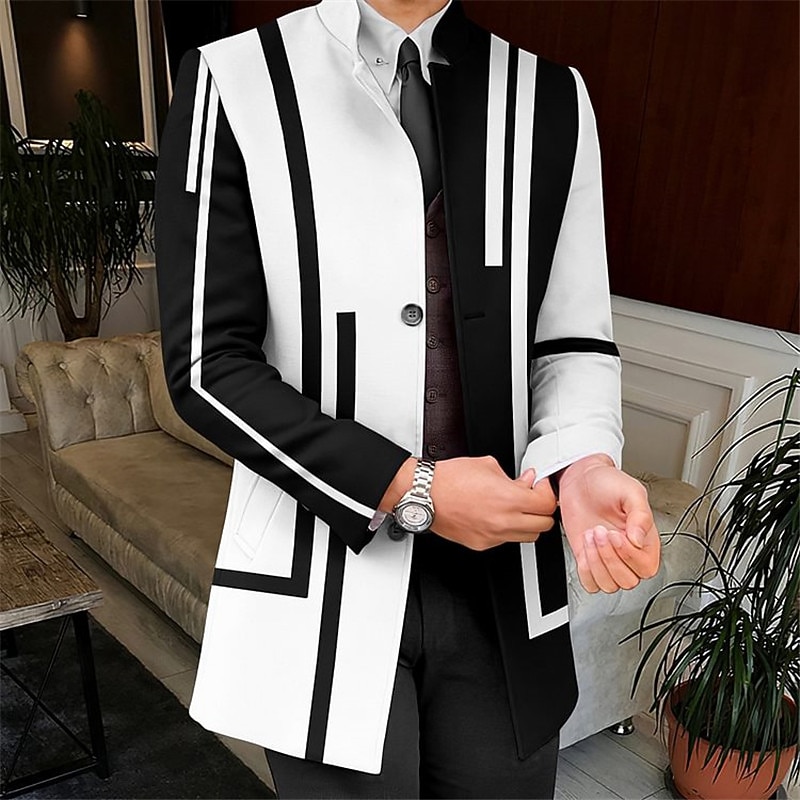 Men's Stripe Geometry Winter Coat Overcoat Coat Warm Comfortable Breathable Business Work Wear to work Going out Pocket Print Fall & Winter Stand Collar Long Sleeve White Yellow Red