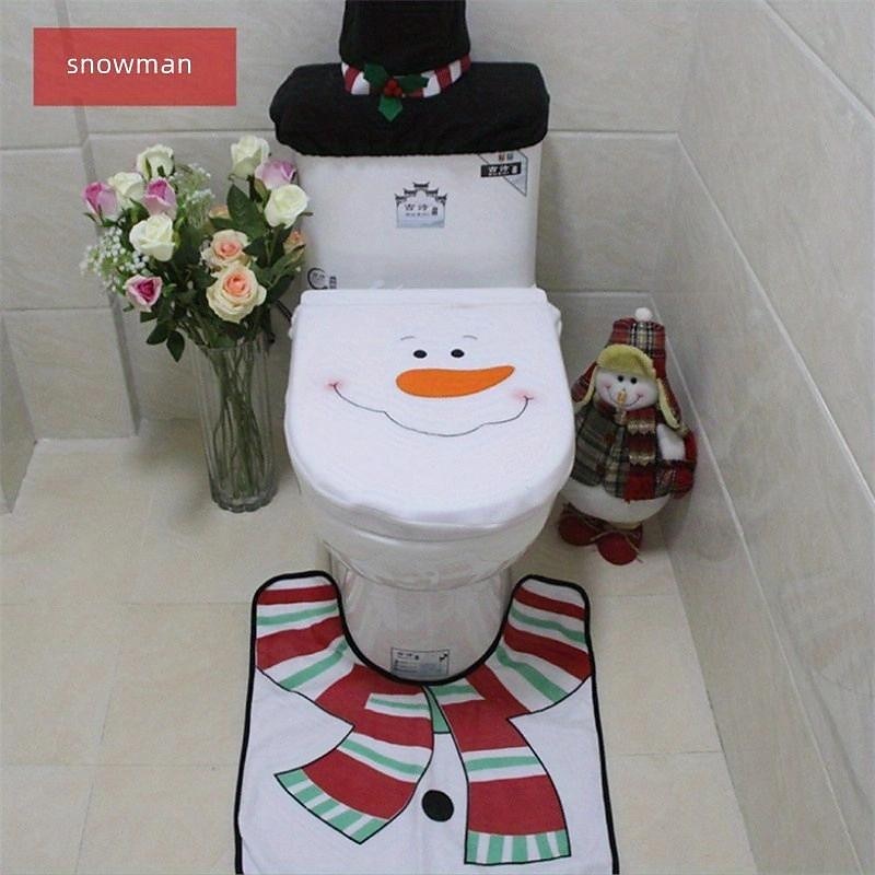 3pcs/ Set Christmas Santa Theme Bathroom Decoration, Includes Toilet Seat Cover, Rugs, Water Box Cover And Toilet Paper Box Cover Christmas Decoration2