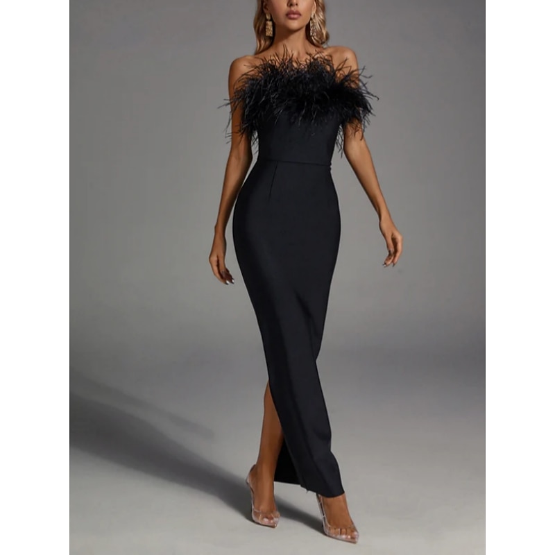 Sheath Black Feather Dress Evening Gown Elegant Dress Formal Black Tie Ankle Length Sleeveless Strapless Spandex with Feather Slit Masquerade Dress